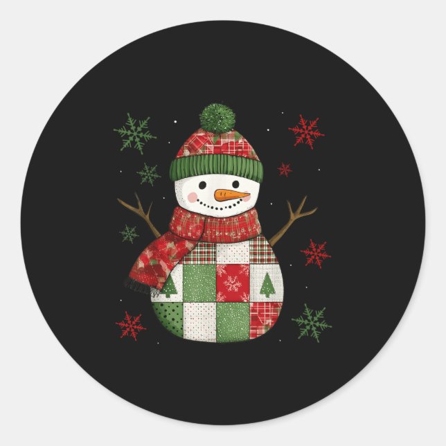 Sticker Rond Patchwork Snowman Retro Funny Christmas Snowman Ho (Devant)