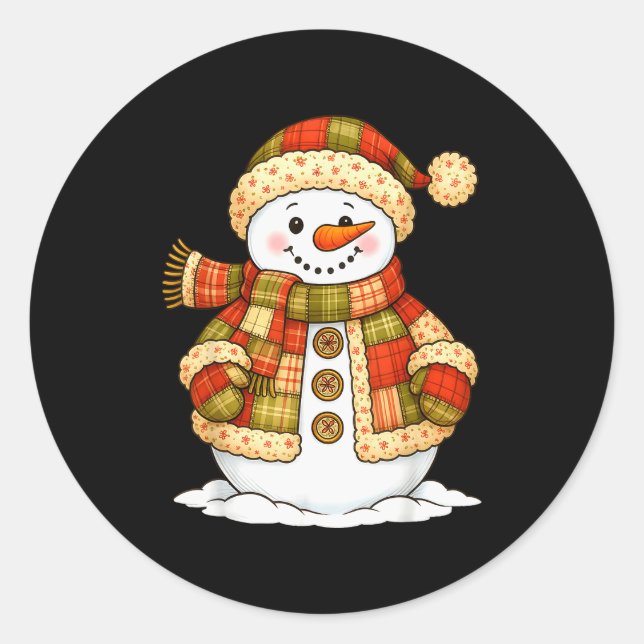 Sticker Rond Patchwork Snowman Retro Funny Snowman Holiday Chri (Devant)