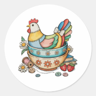 Sticker Rond Patchwork Vintage Hen Quilted Chicken Thrifty