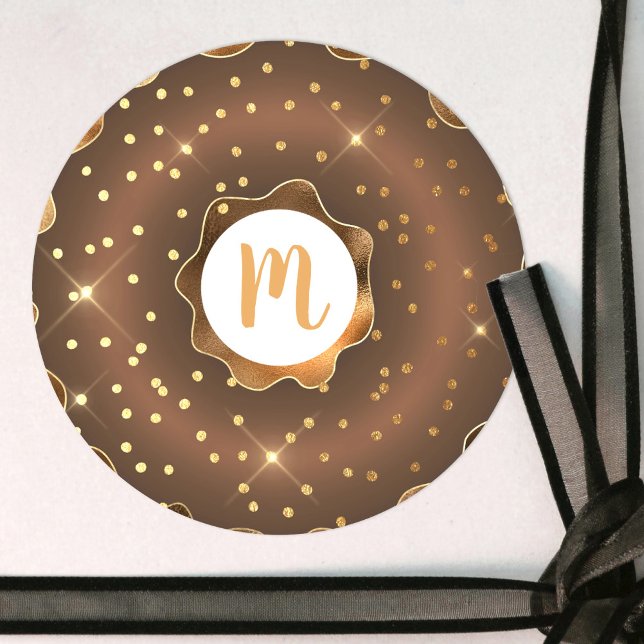 Sticker Rond Pâte à donut en or chocolatée pailletée monogramme (Créateur téléchargé)