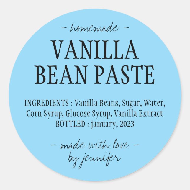Sticker Rond Pâte de vanille bleue en bouteille extrait maison (Devant)