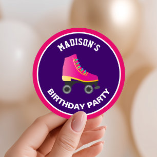 Sticker Rond Patinage à roulettes rose Patinage Anniversaire Fê