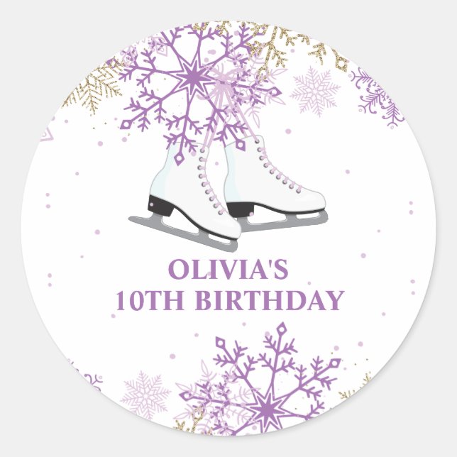 Sticker Rond Patinage d'anniversaire flocon de neige violet et  (Devant)