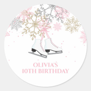 Sticker Rond Patinage d'anniversaire Flocons de neige rose or
