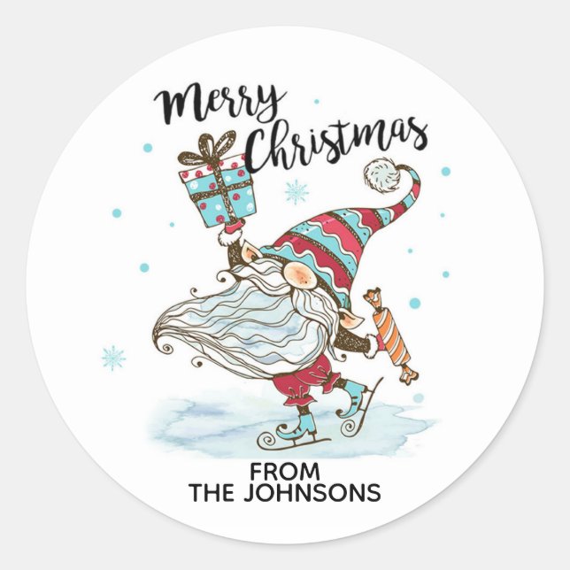 Sticker Rond Patinage Ice Gnome de Noël personnalisé (Devant)