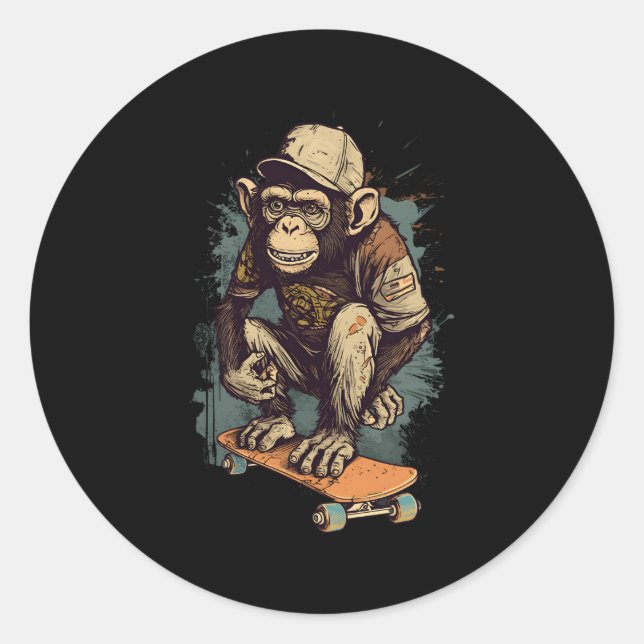 Sticker Rond Patinage Monkey Chimpanzee Skateboard Pour Skatebo (Devant)