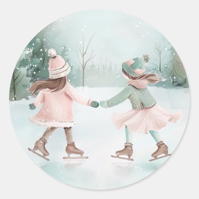 Sticker Rond Patinage pour filles à la menthe et roses - Scène  (Devant)