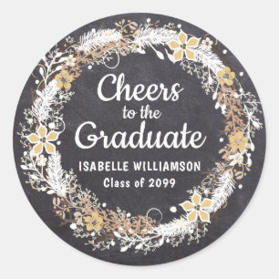 Sticker Rond Patinage Rustique Gold Blanc Floral Chalkboard Gra
