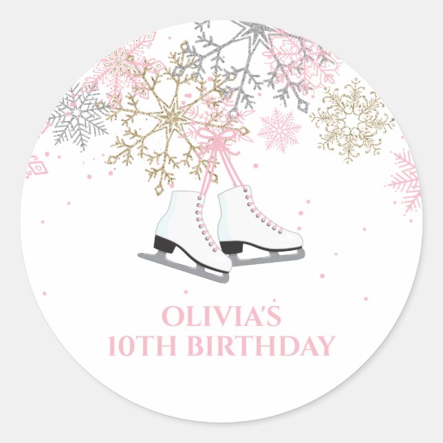 Sticker Rond Patinage sur glace Anniversaire Pink Gold Snowflak (Devant)