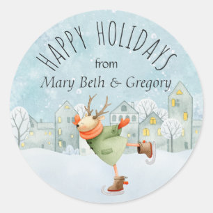 Sticker Rond Patinage sur glace Cerfs Joyeuses Vacances