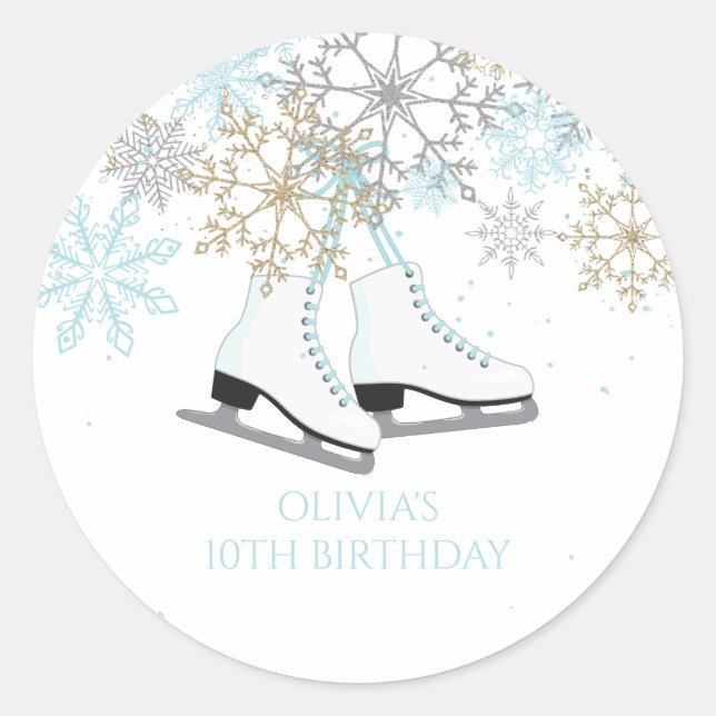 Sticker Rond Patinage sur glace Snowflakes bleu et or (Devant)