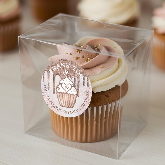 Sticker Rond Pâtisserie Boulangerie Cupcake Parties scintillant (Pastry Bakery Cupcake Glitter Rose Gold Pink Drips Classic Round Sticker)