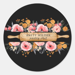 Sticker Rond Pâtisserie Chef boulanger Rolling Pin Floral Noir