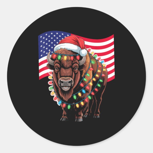 Sticker Rond Patriotic Bison Buffalo Christmas Usa Flag Holiday (Devant)