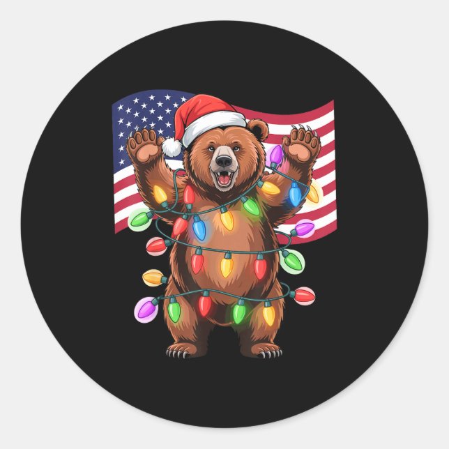 Sticker Rond Patriotic Christmas Grizzly Bear Holiday Light San (Devant)
