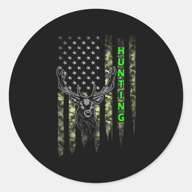 Sticker Rond Patriotic Whitetail Buck Deer Hunting American Cam (Devant)