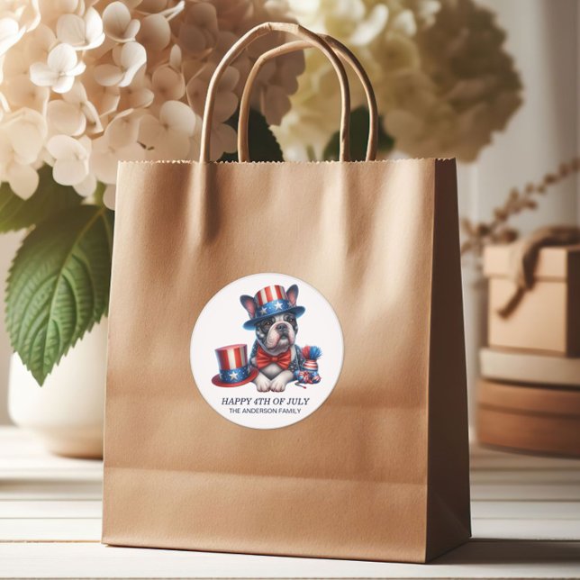 Sticker Rond Patriotique Bulldog Top Hat Rouge Blanc Bleu 4 Jui (Patriotic Boxer/dog gift bag sticker)