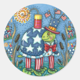 STICKER ROND PATRIOTIQUE ONCLE SAM TURTLE, FUNNY FIRECRACKER MÊ