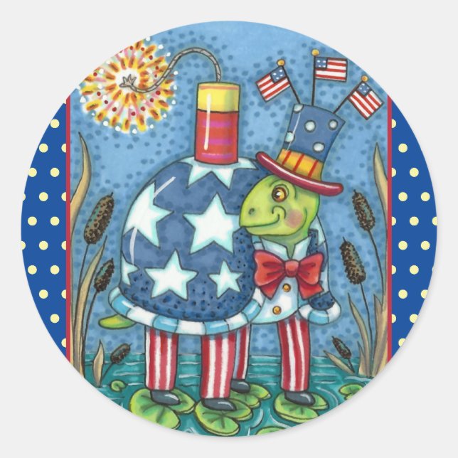 STICKER ROND PATRIOTIQUE ONCLE SAM TURTLE, FUNNY FIRECRACKER MÊ (Devant)