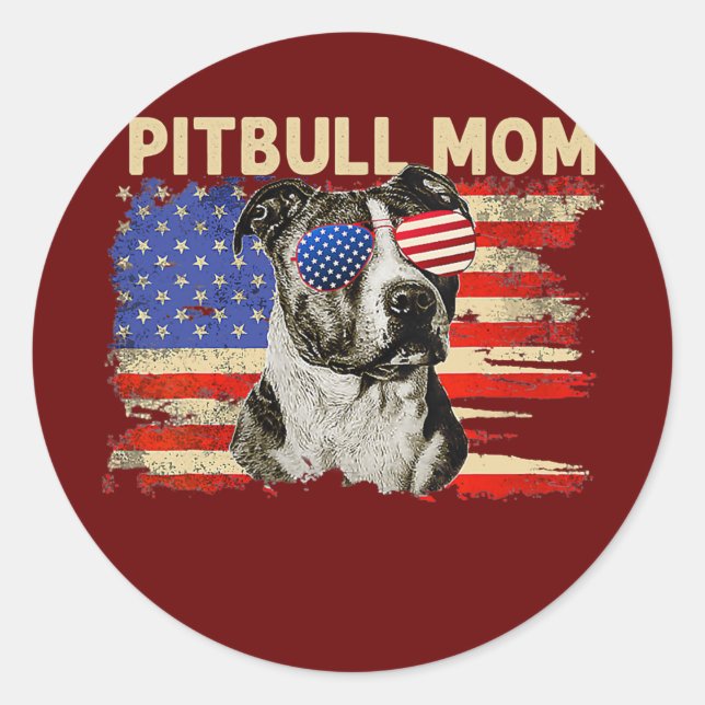 Sticker Rond Patriotique Pitbull Maman 4 juillet drapeau améric (Devant)