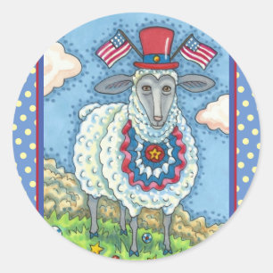 Sticker Rond PATRIOTIQUE QUATRIÈME DE JUILLET SHEEP, Funny Folk