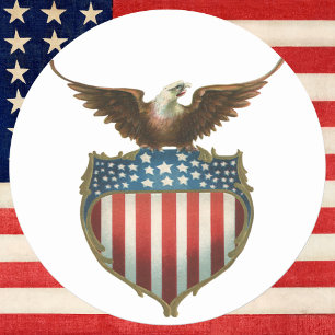 Sticker Rond Patriotisme Vintage, Aigle fier sur Drapeau Améric