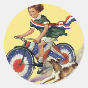 Sticker Rond Patriotisme vintage, Girl Riding a Patriotic Bike