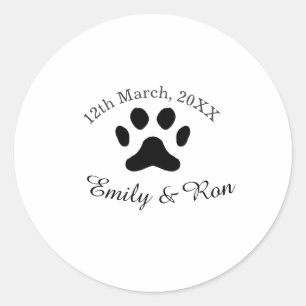 Sticker Rond Patte de chien noir nom de couple de mariage date 