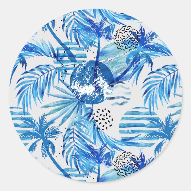 Sticker Rond Pattern de Bright Blue Tropical Watercolor (Devant)