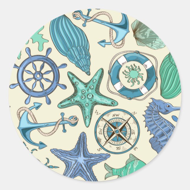 Sticker Rond Patters de Teal Sea Animals (Devant)