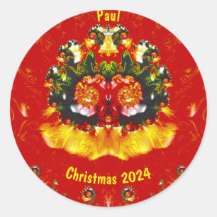 Sticker Rond PAUL~ NOËL Rouge Vert Jaune Fractal ~