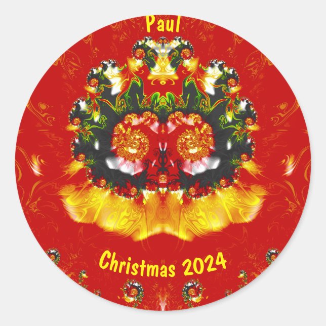 Sticker Rond PAUL~ NOËL Rouge Vert Jaune Fractal ~ (Devant)