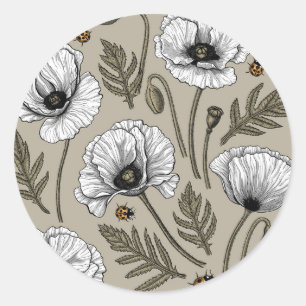 Sticker Rond Pavot blanc et coccinelle