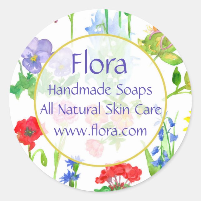 Sticker Rond Pavot Géranium Pansy Aquarelle Fleurs (Devant)