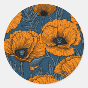 Sticker Rond Pavot orange sur bleu foncé