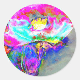 Sticker Rond Pavot rose, aquarelle peinture florale