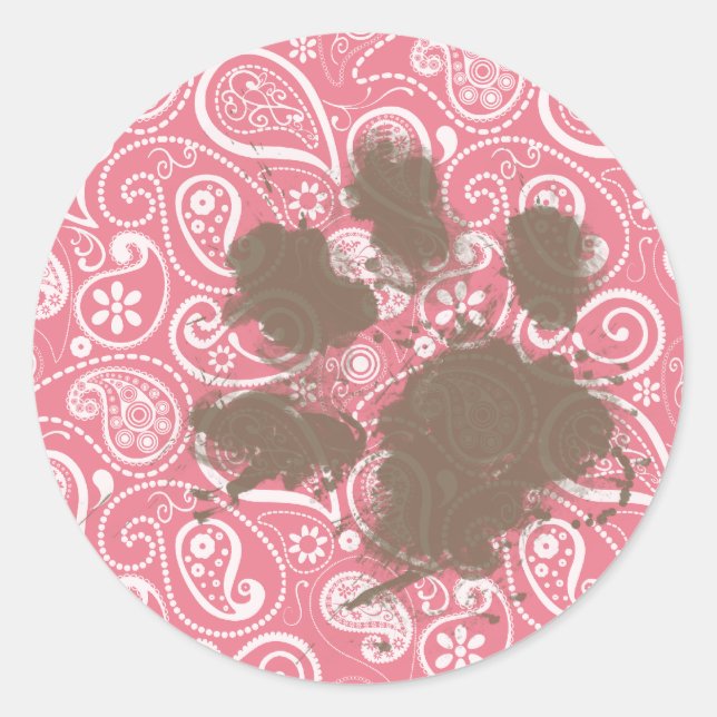 Sticker Rond Pawprint mignon sur rose pâle (Devant)