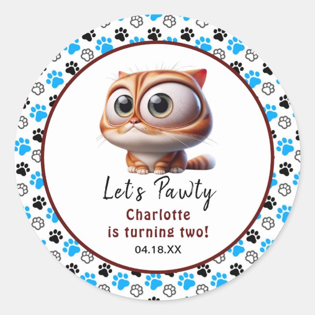 Sticker Rond Pawty ! Cute Cat 2e fête d'anniversaire (Devant)