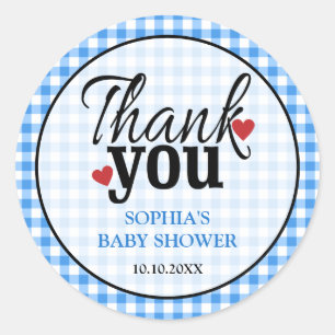 Sticker Rond Pays Bleu En vichy Baby shower Merci