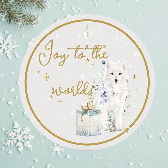 Sticker Rond Pays d'hiver Loup de neige Joie au monde ("Joy to the World" winter wonderland Christmas greeting card. Watercolor in beautiful white wolf.)