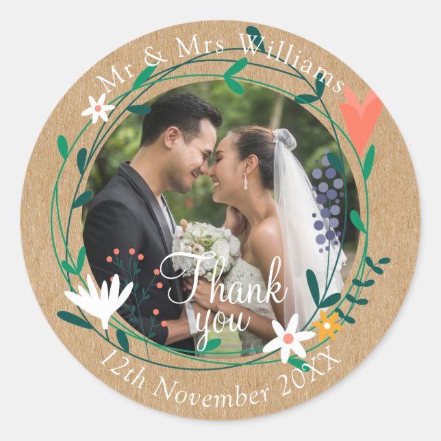 Sticker Rond Pays Floral Garland Mariage Photo Merci (Devant)