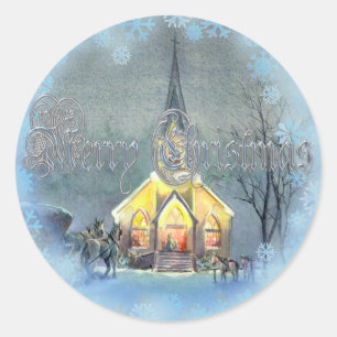STICKER ROND PAYS MERRY CHRISTMAS ÉGLISE PAR SHARON SHARPE