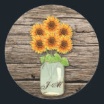 Sticker Rond Pays Russe Sunflower Mason Jar Fête des mariées<br><div class="desc">Stickers de Fête des mariées rustique Tournesol Mason Jar Country.</div>