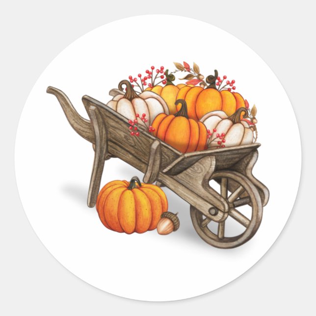 Sticker Rond Pays rustique d'automne Wagon en bois avec Citroui (Devant)