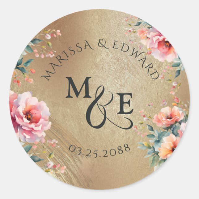 Sticker Rond Pays Rustique Floral Gold Wedding Favoriser (Devant)