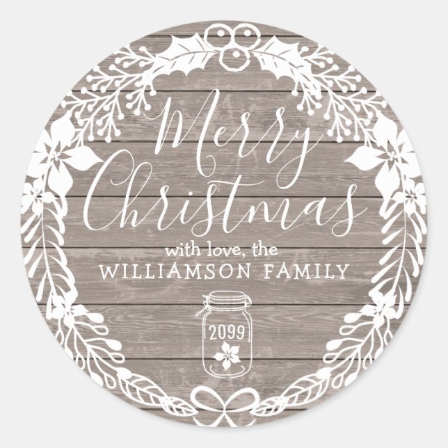 Sticker Rond Pays rustique Joyeux Noël Blanc Holly Wreath (Devant)