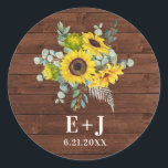 Sticker Rond Pays rustique Sunflower Wedding Favoriser<br><div class="desc">Un joli collier de tournesol et de mariage rustique en bois faveur autocollant. Conçu pour vous par Blackberry Boulevard.</div>