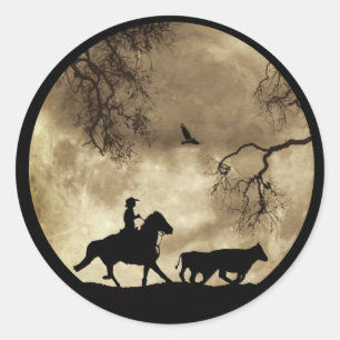Sticker Rond Pays Western Cowboy Steer Round Up Pleine lune