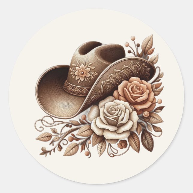 Sticker Rond Pays Western Cowgirl Casquette avec fleurs (Devant)
