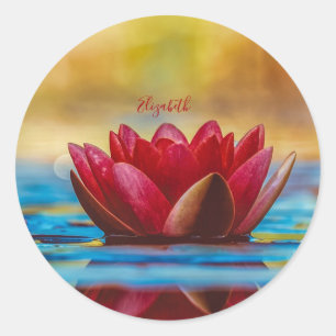 Sticker Rond Paysage à la Fleur de Lotus Rouge, Zen